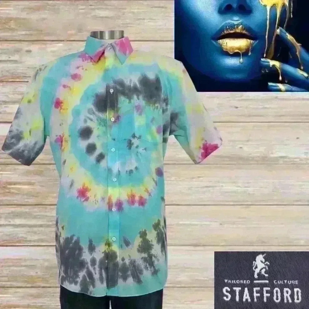 Stafford Regular Fit Men's Short-Sleeve Shirt Size 16 1/2 Colorful Tie Dye